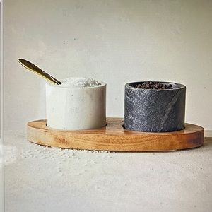 Creative Co-Op Marble Salt and Pepper Set with Wood Tray - White, Black, Natural